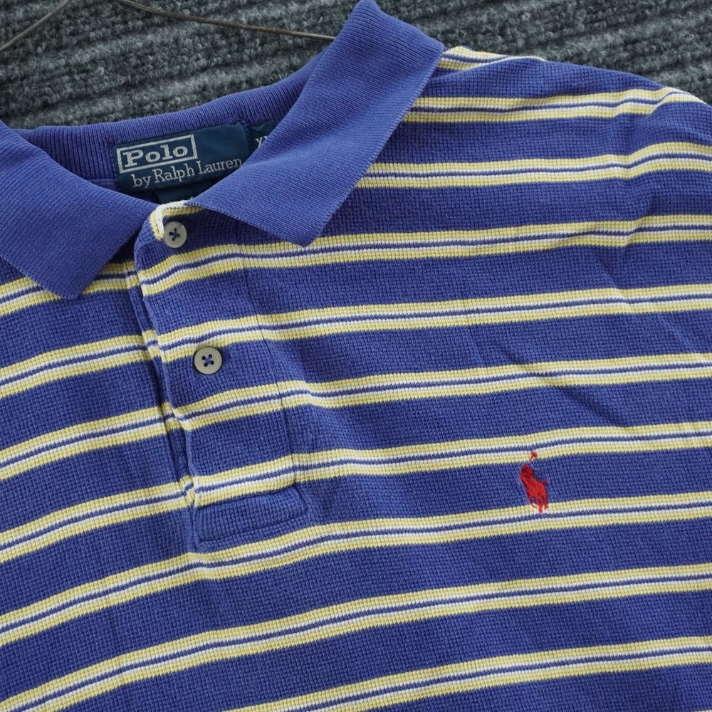 Polo Ralph Lauren Polo Shirt Textured XL Blue Yellow Striped Pique Short‎ Sleeve